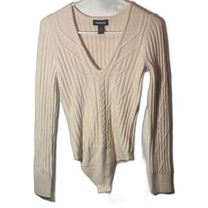 Express Conscious Edit Cable Knit V-Neck Sweater Bodysuit Woman’s Small Tan